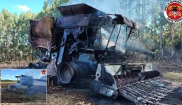 Colheitadeira é destruída por incêndio e fogo atinge lavoura de milho no Oeste