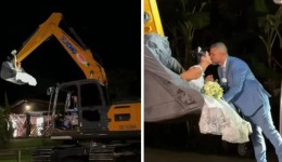 Noiva entra no casamento dentro de concha de escavadeira e encanta web: “Maravilhosa”