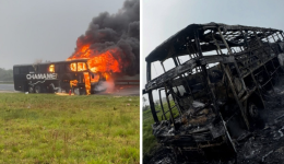 Ônibus de banda gaúcha pega fogo na BR-376 enquanto integrantes dormiam