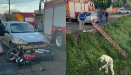 Condutor de moto é arremessado dentro do Rio Lonqueador após colisão com carro