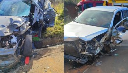 Motorista fica preso nas ferragens em acidente entre veículos