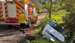Bombeiros socorrem mulheres após carro sair da pista
