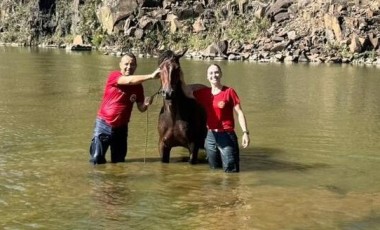 Cavalo é resgatado após ficar preso em açude