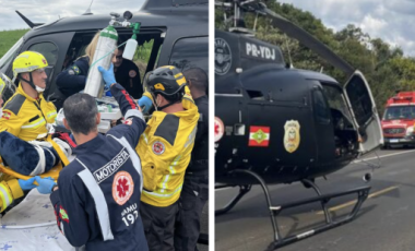 Acidente com carro, van e dois caminhões deixa motorista gravemente ferido na BR-282