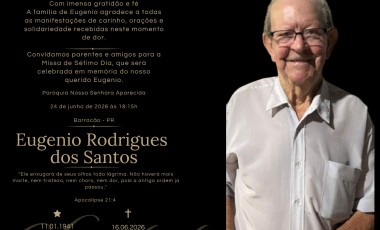 Missa de 7º dia em memória de Eugenio Rodrigues dos Santos será celebrada nesta quarta-feira