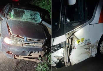 Colisão entre carro e ônibus com 28 passageiros deixa vítima grave