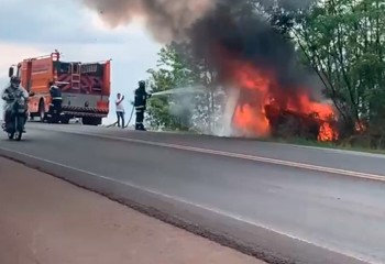 Caminhonete é destruída por incêndio na BR-163