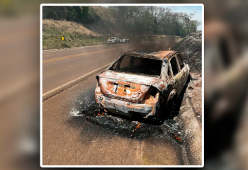 Fogo toma conta de veículo e se espalha pela vegetação na BR-282