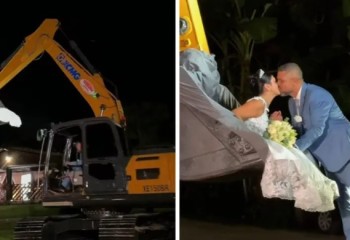 Noiva entra no casamento dentro de concha de escavadeira e encanta web: “Maravilhosa”