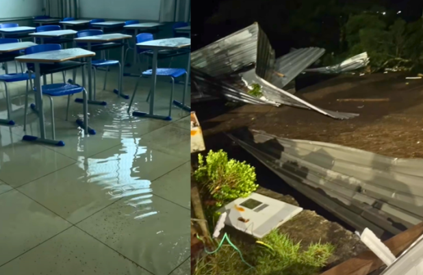 Ventos fortes causam estragos e deixam salas de escola alagadas