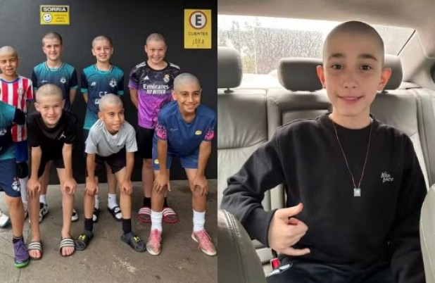Menino de 10 anos com câncer corta cabelo minutos após descobrir que amigos de futsal rasparam a cabeça por ele no Paraná