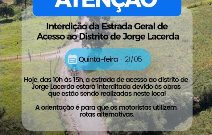 Estrada de acesso a Jorge Lacerda terá interdição temporária para obras de asfaltamento