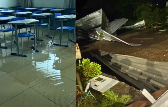 Ventos fortes causam estragos e deixam salas de escola alagadas
