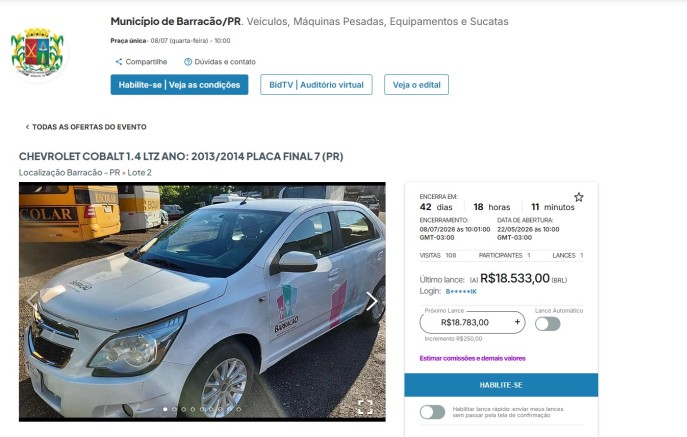 Município realiza leilão online com 37 lotes no dia 8 de julho
