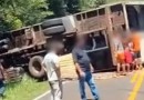 Carga é saqueada após tombamento de carreta na BR-277, no Paraná