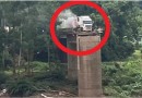 Motorista fura bloqueio e quase cai de ponte destruída pela chuva