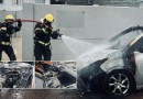 Carro é destruído por incêndio após pegar fogo na parte frontal