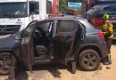 Trânsito fica bloqueado na BR-282 após acidente entre carro e caminhões