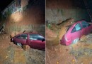 Pedra atinge veículo após deslizamento e família é retirada de casa em Joaçaba