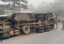 Caminhão carregado de carne tomba na BR-470 e parte da mercadoria é saqueada em SC