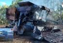 Colheitadeira é destruída por incêndio e fogo atinge lavoura de milho no Oeste