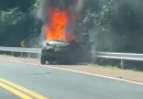 Carro bate em carreta e pega fogo na BR-282