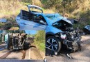 Idoso de 84 anos fica encarcerado após colisão entre carro e caminhão