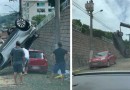 Motorista esquece freio de mão em SC, carro fica de pé e até guindaste precisa ser chamado