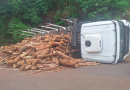 Caminhão carregado com madeira tomba após ficar sem freios na SC-161, em Flor do Sertão