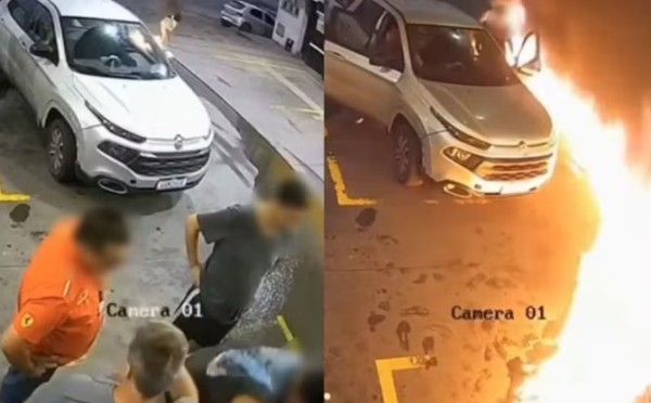 Homem é detido após atear fogo em combustível derramado em chão de posto