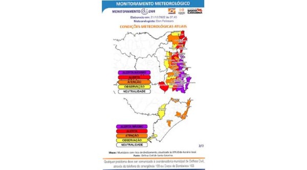 Chuva deixa 16 municípios do litoral catarinense em alerta máximo para deslizamentos