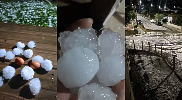 Temporal com granizo cobre ruas de SC com com 'bolas' de gelo