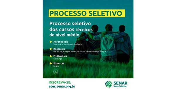 Inscrições para cursos técnicos gratuitos do Senar/SC vão até dia 19 de janeiro