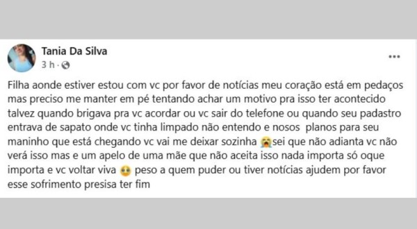Mãe de jovem desaparecida faz apelo nas redes sociais para encontrar a filha