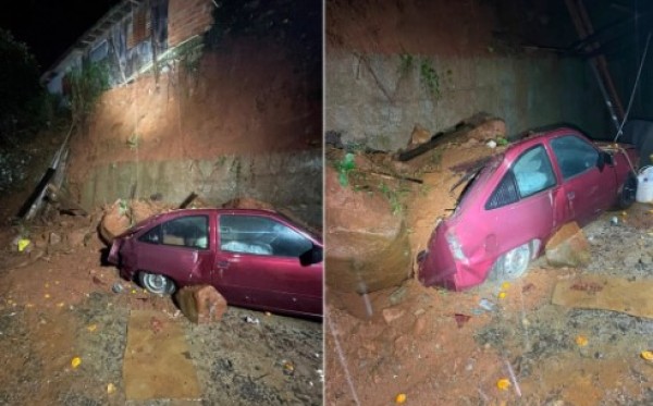Pedra atinge veículo após deslizamento e família é retirada de casa em Joaçaba