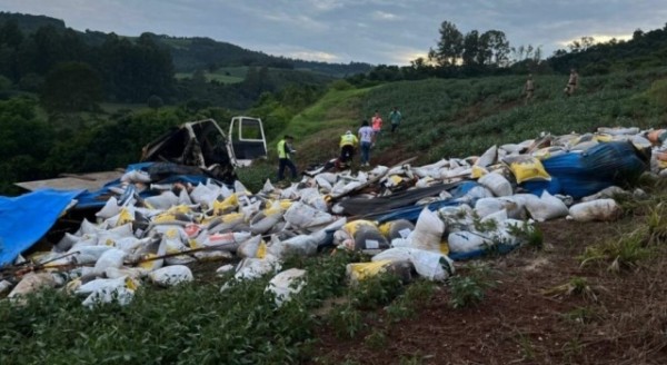 Caminhão sai da pista, tomba e motorista fica ferido no Oeste de SC