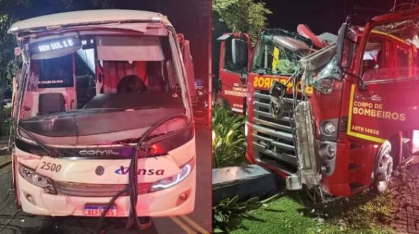 Caminhão dos bombeiros é atingido por ônibus a caminho de incêndio