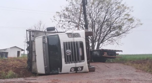 Caminhão carregado de frangos tomba em Francisco Beltrão