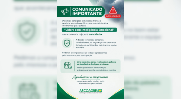 Ascoagrin cancela a palestra sobre Liderança com Inteligência Emocional