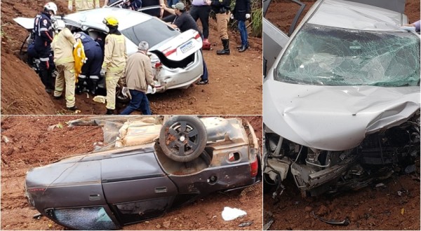 Carro parte ao meio após colisão frontal na PR-562; duas pessoas sofrem ferimentos graves