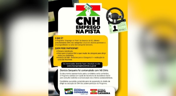Município é contemplado com 140 CNHs gratuitas através do programa “Emprego na Pista” do Governo de SC