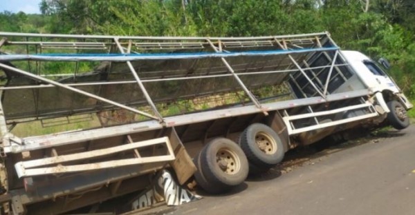 Caminhão sai da pista e tomba no Oeste de SC