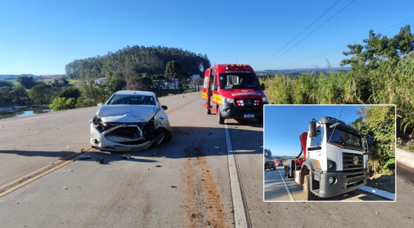 Colisão traseira entre carro e caminhão deixa três pessoas feridas na BR-163