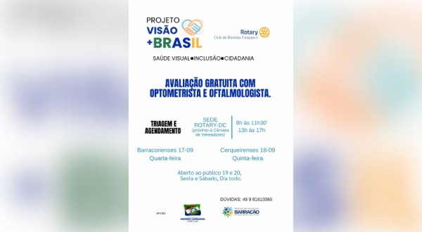 Rotary Club promove atendimentos visuais gratuitos pelo Projeto Visão + Brasil