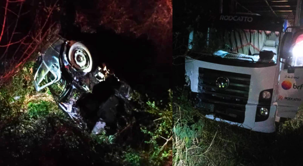 Motorista fica inconsciente após capotamento de carro em acidente com caminhão na BR-282