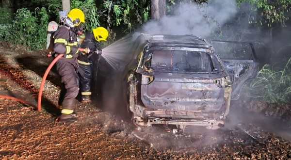 Carro bate em árvore e é destruído pelo fogo