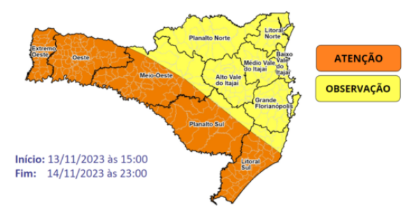 Temporais isolados e chuva intensa afetam SC entre segunda e terça-feira