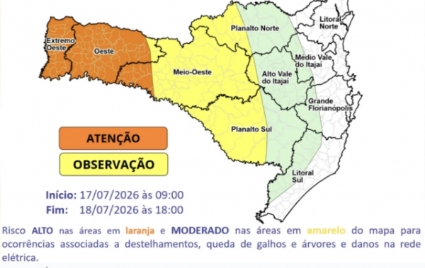 Inmet emite alerta de perigo para vendaval em SC e outros 5 estados; rajadas podem chegar a 100 km/h