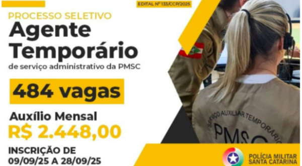 Polícia Militar abre mais de 480 vagas para agentes temporários em SC