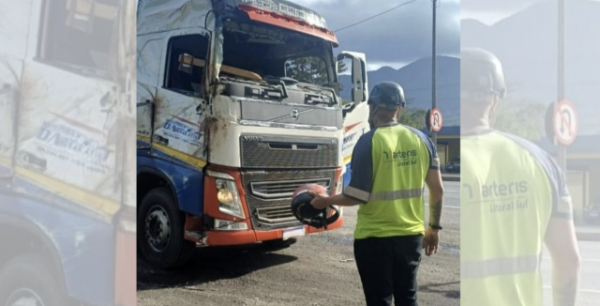 Homem usa capacete para ‘segurança’ ao dirigir carreta sem para-brisa na BR-101 em SC